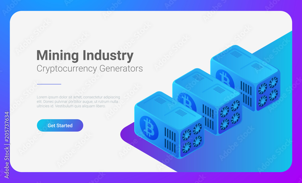 Poster isometric bitcoin miners computers vector. mining cryptocurrency