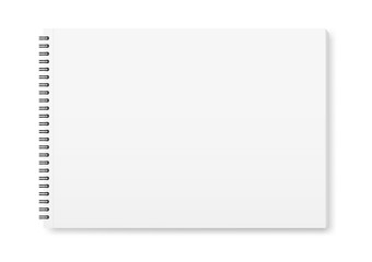 Vector realistic mock-up (layout) of the album for drawing, notebook, top view, A4. White sheets of paper, fastened with a black spiral. Isolated on white. The image was created using a gradient mesh.