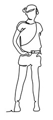 Standing young woman. The girl in shorts standing with his hands in his pockets. Continuous line drawing. Isolated on the white background. Vector illustration monochrome, drawing by lines