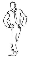 Confident handsome man in shirt and tie standing against white background. Continuous line drawing. Isolated on the white background. Vector illustration monochrome, drawing by lines