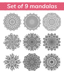 Mandala set. Indian antistress medallion. Abstract islamic flower, arabic henna design, yoga symbol