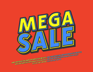 Vector bright modern logotype Mega Sale. Blue and Yellow comic Font. Extra colorful Alphabet Letters and Numbers