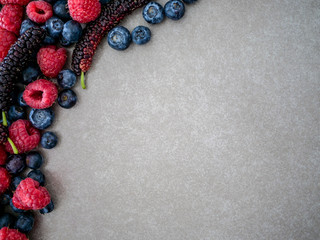 A variety of berries, raspberries, blueberries, mulberries, on a gray background with a place for text