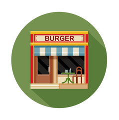 Burger cafe front view flat icon, vector illustration