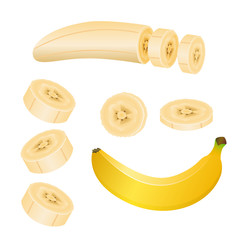 Set of vector illustrations of yellow banana and banana pieces.