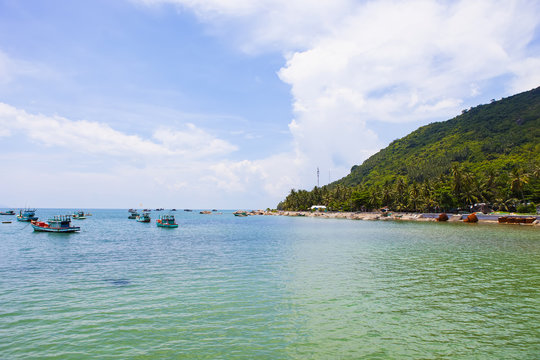 Royalty high quality free stock image of boats at " Nha " beach on Son island, Kien Giang, Vietnam. Near Phu Quoc island