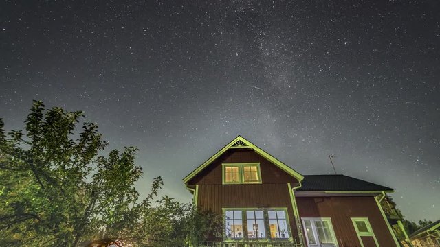 summer rotating star sky whole night timelapse filmed in the garden behind swedish wood house