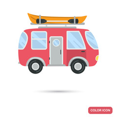 Camping bus with boat at the roof color flat icon