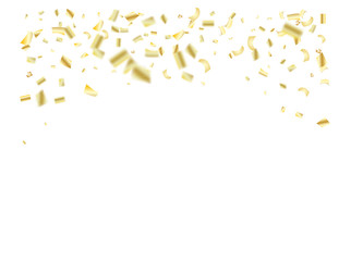 Gold, Silver Foil Confetti Falling Down. Elegant Christmas, Birthday Party, New Year Winter Background. Gift Card, Sale Golden Tinsel Texture. Noble Gold, Silver Foil Confetti Border