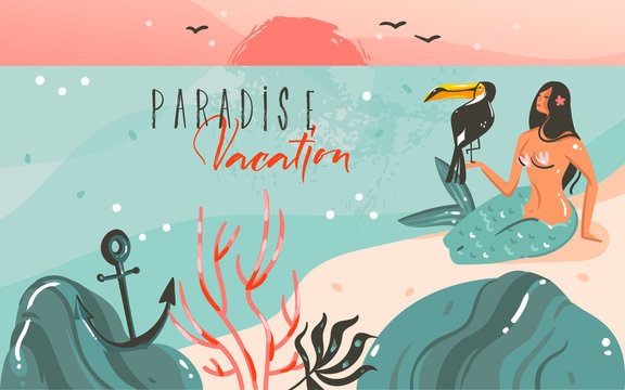 Hand drawn vector abstract cartoon summer time graphic illustrations template background with ocean beach landscape,sunset and beauty girl mermaid,toucan bird with Paradise vacation typography quote