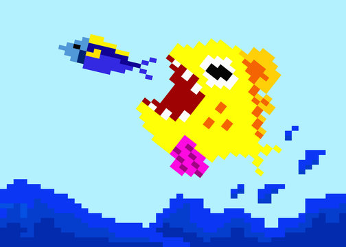 big fish eat little fish. pixel art vector illustration.