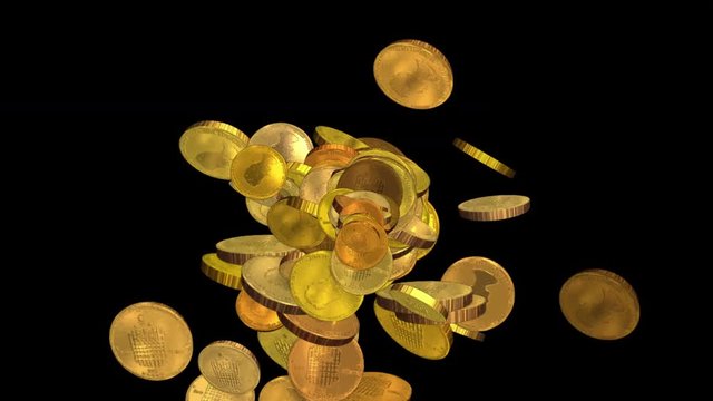 4k Golden coins falling down background,economic gold money currency success finance rich wealth,commercial wealthy cash backdrop.