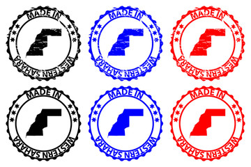 Made in Western Sahara - rubber stamp - vector, Western Sahara map pattern - black, blue and red