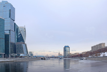 High-rise buildings of the Moscow international business center Moscow City on the bank of the Moskva River. The beginning of construction 1998. Russia, Moscow, December 2017.