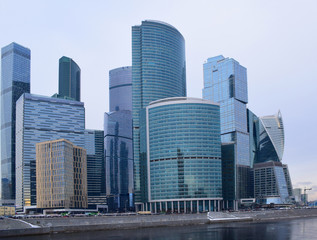 High-rise buildings of the Moscow international business center Moscow City on the bank of the Moskva River. The beginning of construction 1998. Russia, Moscow, December 2017.