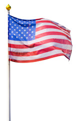 Flag of the United States of America, flutters in the wind, on a white flagstaff with gilded tip (isolated)