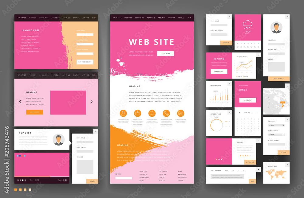 Sticker website template design with interface elements