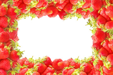 Edging or frame with fresh red summer fruits strawberries isolated on white background. Natural decoration or banner for design