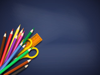 Realistic school supplies on blackboard background. Back to school template with place for text. Vector illustration.