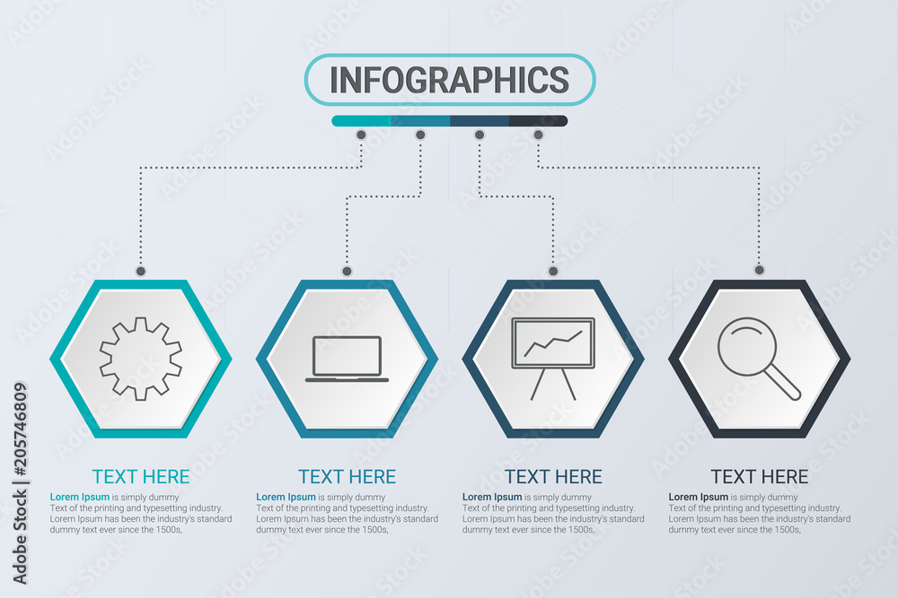 Poster Four steps infographics. Workflow strategy or team work. Business hexagon template with options for brochure, diagram, workflow, timeline, web design