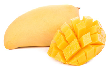 Delicious ripe mango fruit with slice mango isolated on white background