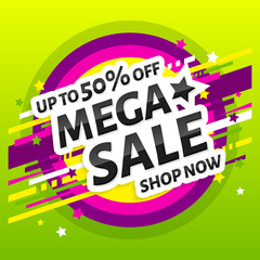 Mega sale poster, banner. Design template. Sale and discounts. Product promotion. Vector.