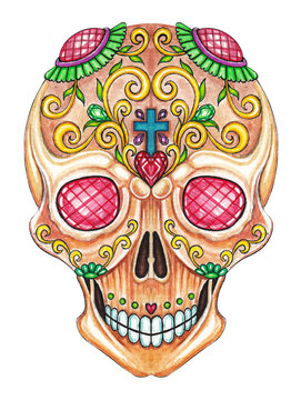 Art Sugar Skull color Tattoo. Hand color painting on paper.