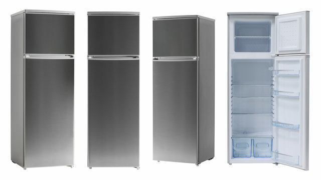 modern household refrigerator color dark metallic, four angles, isolated.