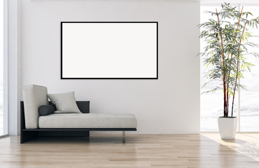 Modern bright interiors apartment with mockup poster frame 3D rendering illustration