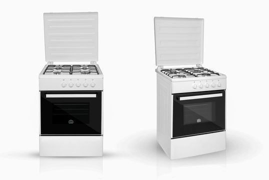 modern household kitchen oven in two review provisions on a white background