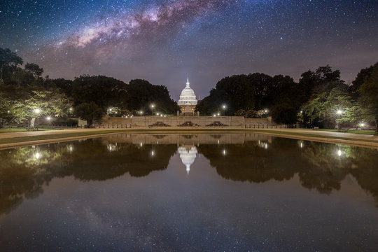 The US Capitol in Washington DC Landscape. Starry sky with Milkiway over Capitol building.