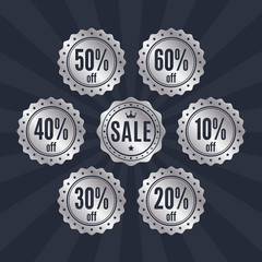 Collection of retro silver SALE badges, stamps, stickers, tags, labels. Product promotion. Vector.