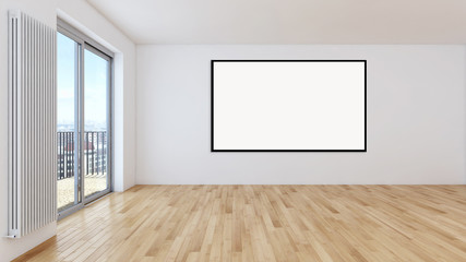 Modern bright interiors apartment with mockup poster frame 3D rendering illustration