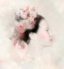Romantic woman portrait with roses and butterflies - Fashion watercolor illustration