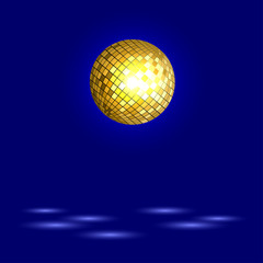 Golden disco ball. Mirror sphere on dark background