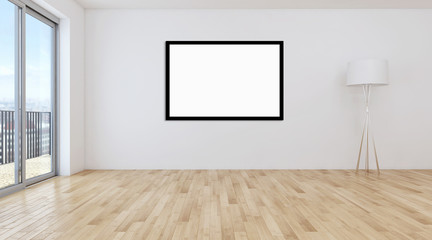 Modern bright interiors apartment with mockup poster frame 3D rendering illustration