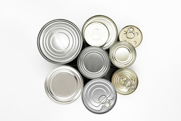 Various Sizes Aluminum Food Cans on White Background
