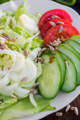 Fresh vegetables salad on plate. Slices of onion rings, tomatoes, cucumber, cabbage and capsicum. Healthy diet. Raw vegan vegetarian food