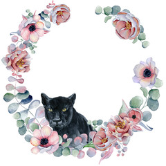 Watercolor floral wreaths with black panther 