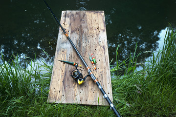 various objects and adaptations for fishing of river fish in the pond and on the river