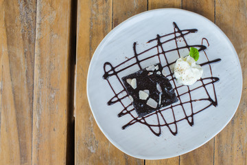 homemade chocolate brownies cake top view on wooden. Dessert - sweet