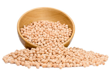 Peas in a wooden Cup isolated on white