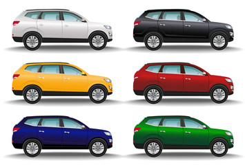 Fototapeta na wymiar Set of six different colors cars on white background. Luxury offroad vehicles. Realistic crossover. 4x4 transport.