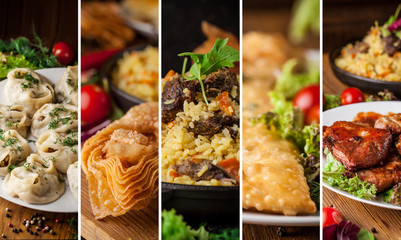 Traditional oriental, Uzbek cuisine, salad, chuchvara, pilaf, manti, a set of dishes made in one set