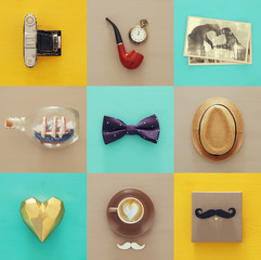 top view collage with man life style objects. Father's day concept.