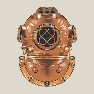 Antique heavy brass or copper diving helmet vector illustration. Vintage scuba suit part, industrial diver equipment for deep-sea diving. Engraving sketch