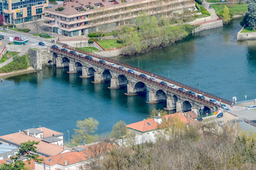 Cars queued on the Azzone Visconti bridge that crosses the Adda river from Lecco to Malgrate