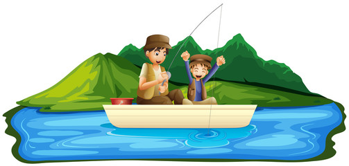 Father and Son Fishing in Lake