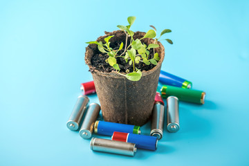 Used alkaline batteries lie with sprouted green plants. Concept of environmental pollution with...