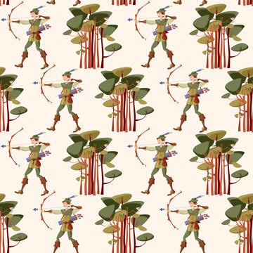 Young Man In Medieval Costume, Shooting A Bow And Arrow. Robin Hood. Seamless Background Pattern.